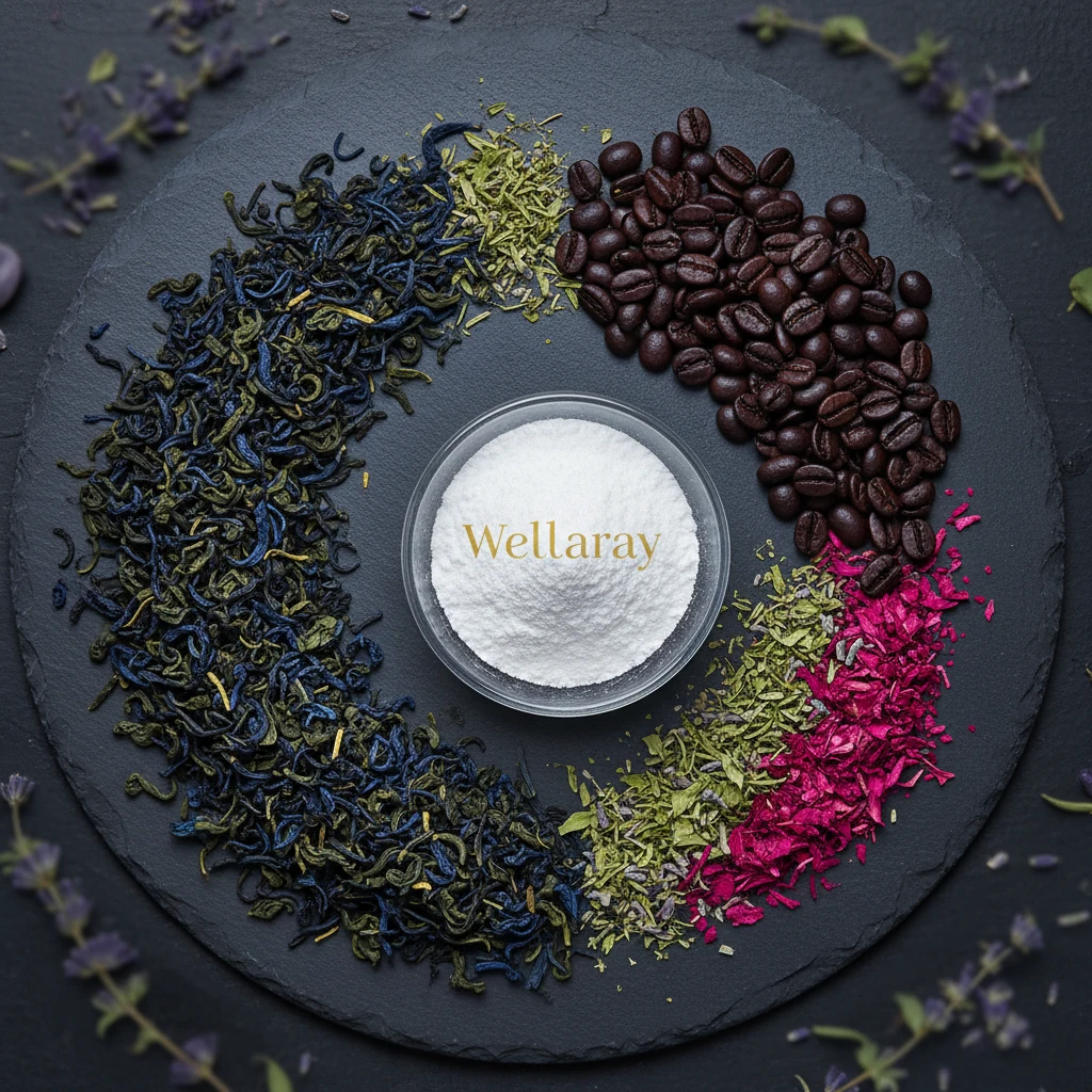 Flat lay of green tea leaves, roasted coffee beans, L-Carnitine powder in a small bowl and dried plant herbs on dark slate surface with jewel-tone lighting