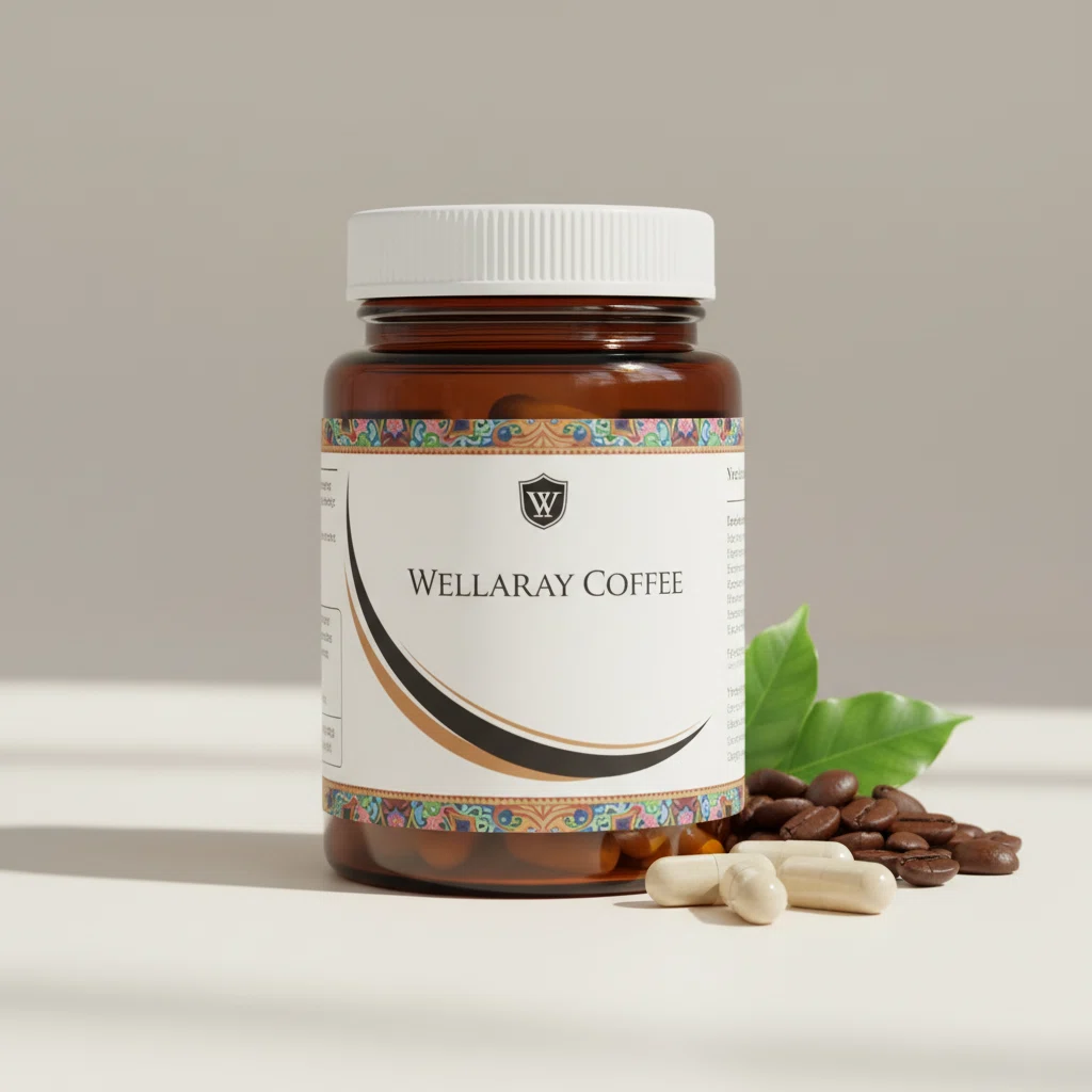 Wellaray Coffee SLIM COFFEE BOOSTER box with L-Carnitine food supplement sachet on marble surface